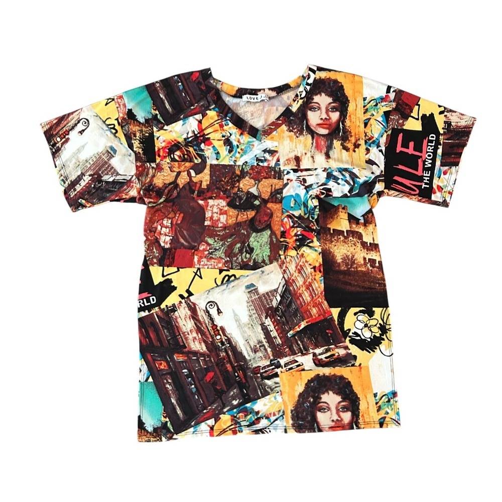 Love J Rule The World Collage Print V-Neck Graphic Tee Shirt Medium (1258)